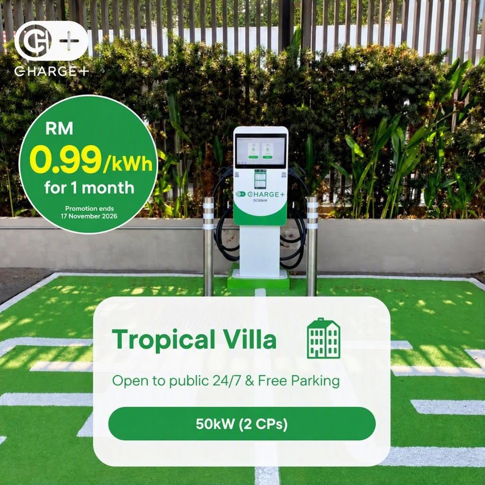 Image from: Charge+ deploys 50kW DC Charger at Tropical Villa Seri Kembangan, RM0.99 per kWh for limited time