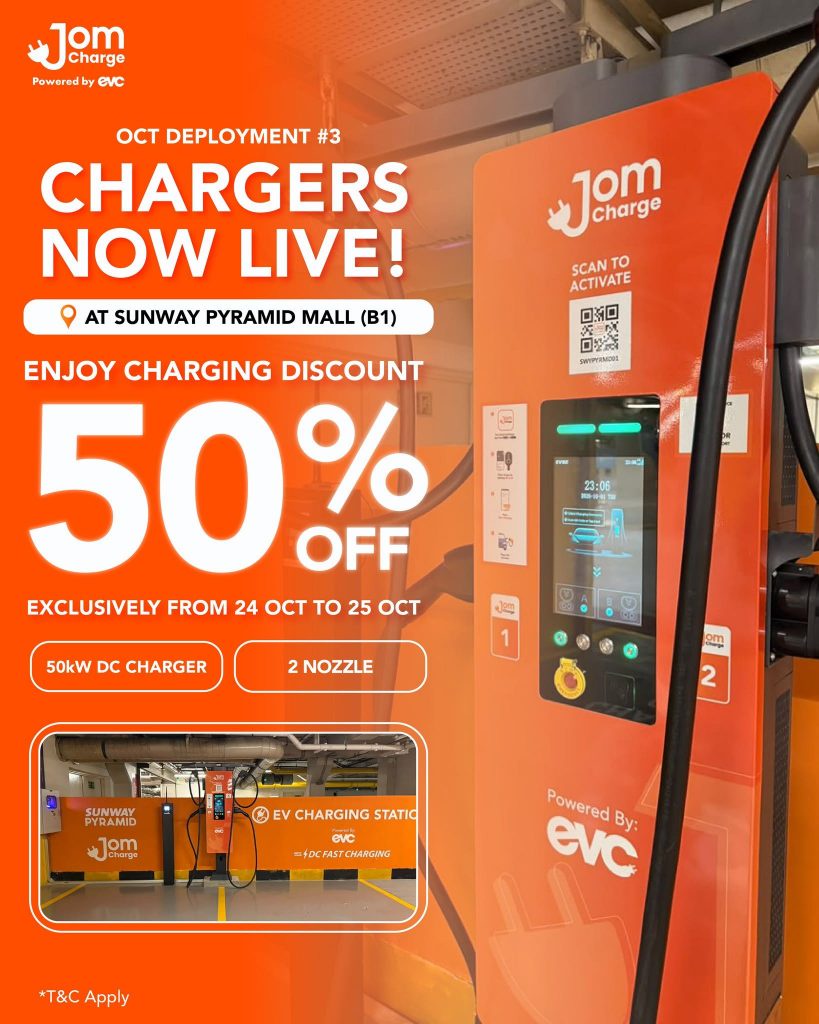 Image from: JomCharge 50kW DC Charger at Sunway Pyramid Mall B1 carpark now live