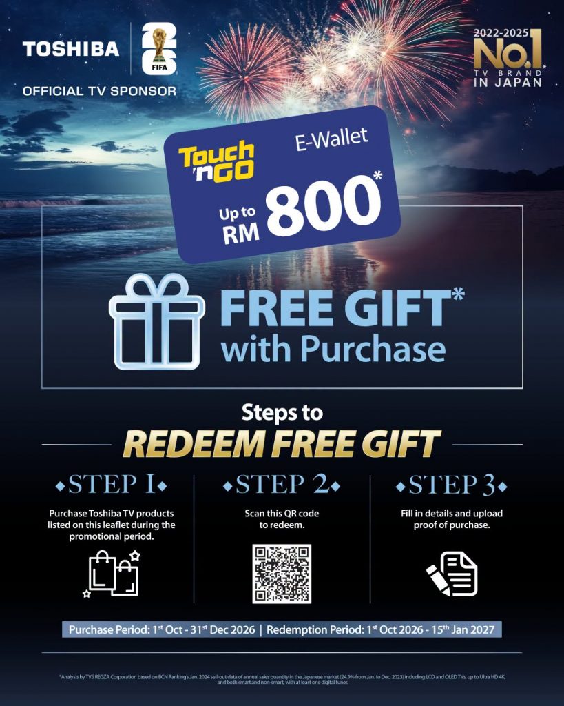 Image from: Toshiba TV Year End Promo: Get up to RM800 TNG eWallet credit when you buy a Mini LED 4K TV