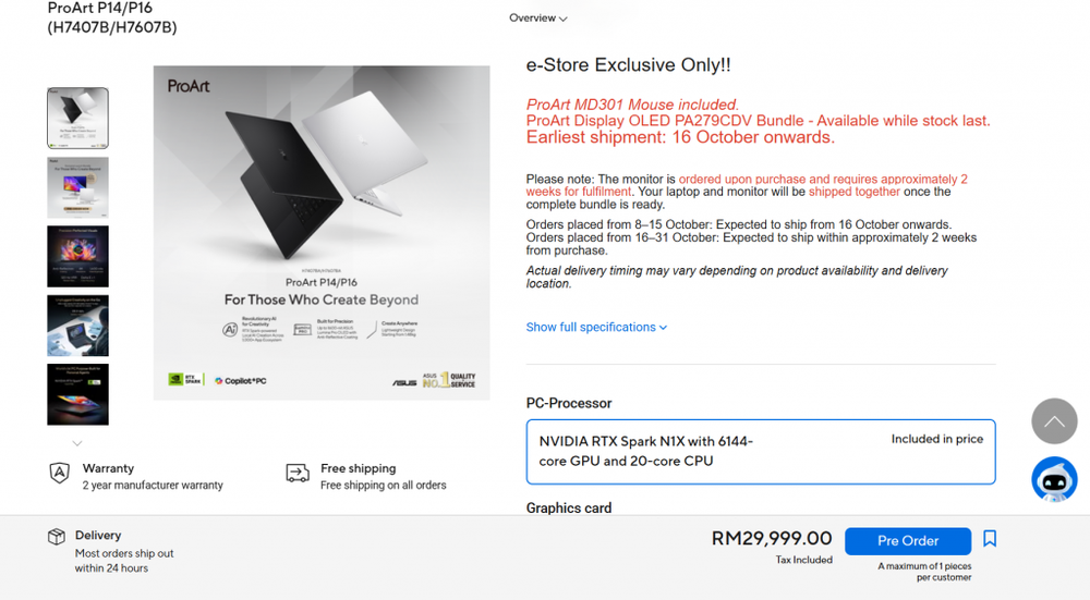Image from: Asus ProArt P14 & P16 powered by Nvidia RTX Spark and Blackwell RTX, now open for pre-order at RM29,999