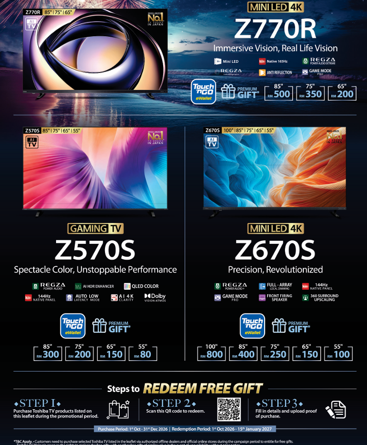 Image from: Toshiba TV Year End Promo: Get up to RM800 TNG eWallet credit when you buy a Mini LED 4K TV
