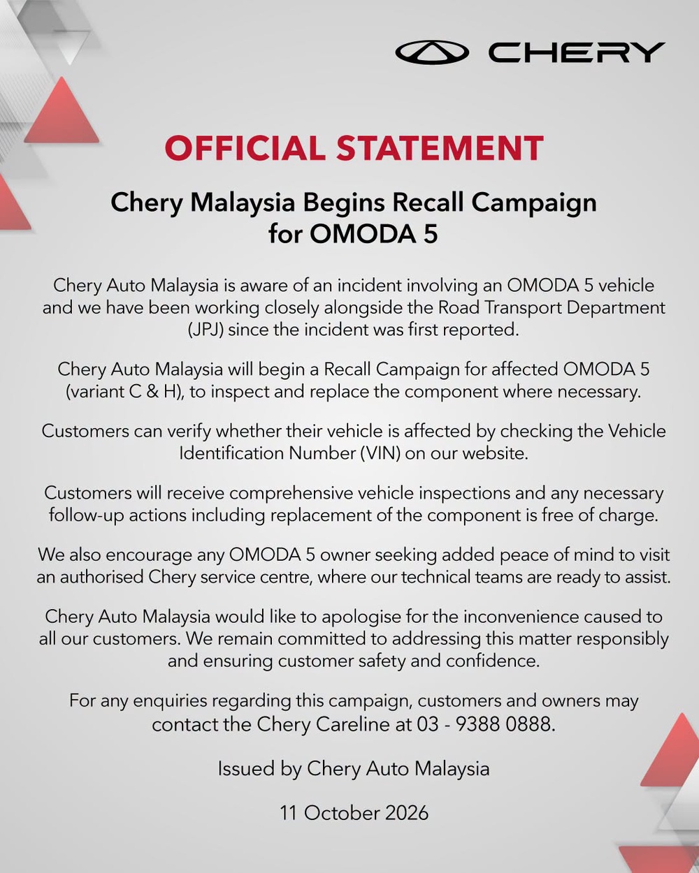 Chery Malaysia official OMODA 5 recall announcement