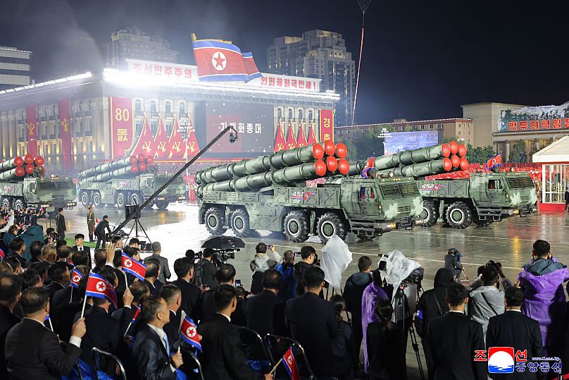 Weapons are shown during the military parade marking the 80th anniversary of the founding of the ruling Worker's Party in Pyongyang, 10 October, 2025