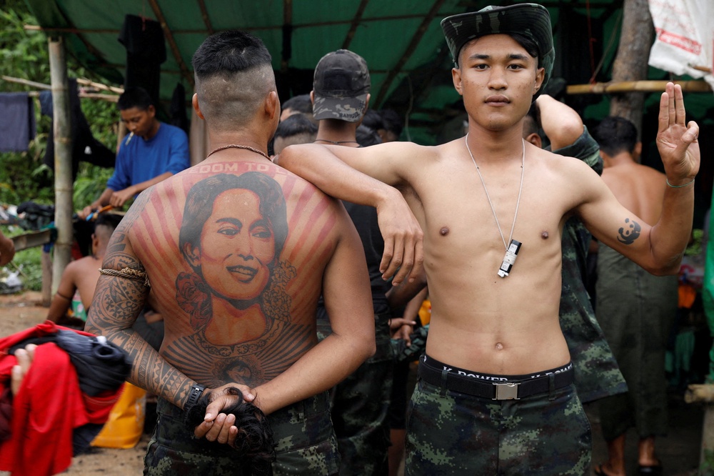 Members of the People’s Defence Force at a training camp in an area controlled by ethnic Karen rebels, Karen State, southern Myanmar (Reuters)