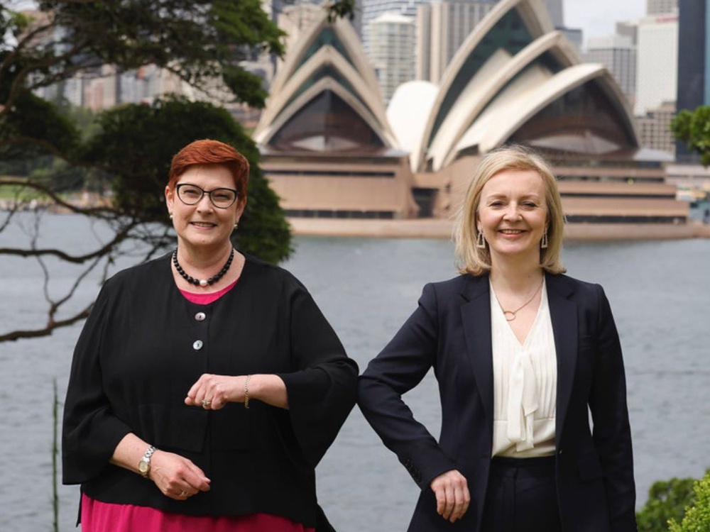 Long haul: Australia’s foreign minister, Marise Payne, in Sydney with the UK foreign secretary Liz Truss – who flew in on a private A321 jet (Foreign Office)