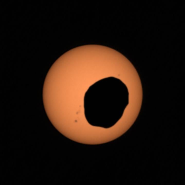 The Martin moon Phobos passes in front of the Sun in an image taken by Nasa’s Perseverance rover on the Red Planet (Nasa)