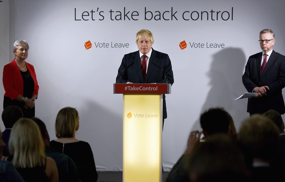 Gisela Stuart, Boris Johnson and Michael Gove hold a press conference at Brexit HQ in Westminster, London, after David Cameron quit following the lost Brexit referendum (Mary Turner/PA) (PA Archive)