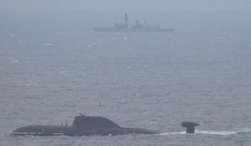 British submarine hunter HMS Portland (top) tracking Akula-class attack submarine Vepr in the North Sea, northwest of Bergen, Norway (PA)