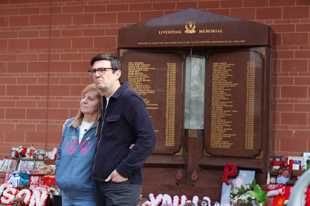 Hillsborough campaigner Margaret Aspinall, and Andy Burnham outside Anfield stadium at the Hillsborough memorial (PA Archive)