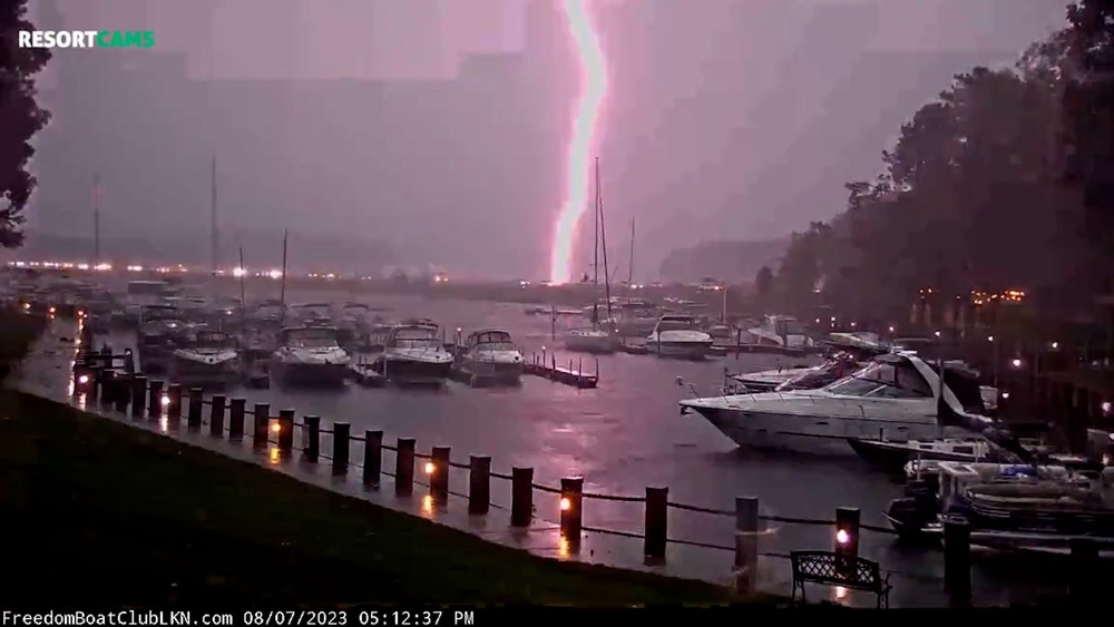 Massive lighting fork strikes near a highway in Davidson, North Carolina. (Freedom Boat Club, North Carolina)