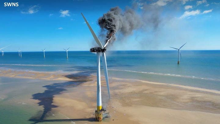 Thick smoke rises as offshore wind turbine catches fire close to Suffolk