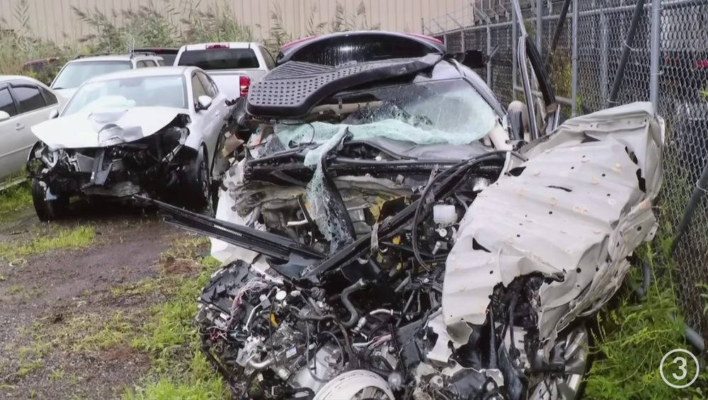 The wrecked car driven by Mackenzie Shirilla on the day she killed her boyfriend, Dominic Russo, and their friend Davion Flanagan, in July 2022 (WKYC)
