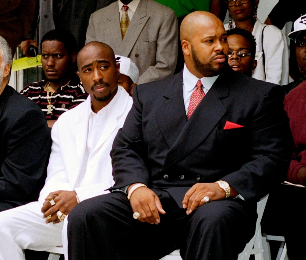 Shakur, left, and Death Row Records Chairman Marion Suge Knight, attend a voter registration event in South Central Los Angeles, on Aug. 15, 1996. (AP)