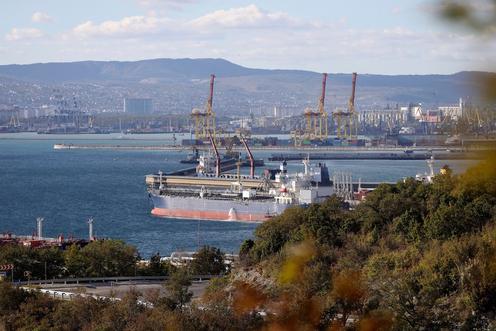 File - An oil tanker is moored at the Sheskharis complex, part of Chernomortransneft JSC, a subsidiary of Transneft PJSC, in Novorossiysk, Russia, on Oct. 11, 2022, one of the largest facilities for oil and petroleum products in southern Russia (AP)