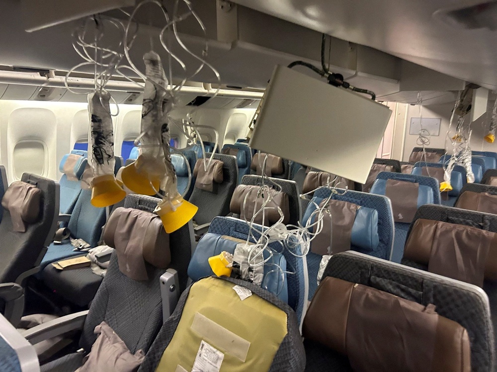The interior of Singapore Airline flight SQ321 is pictured after its emergency landing at Bangkok’s Suvarnabhumi International Airport, Thailand (Reuters)