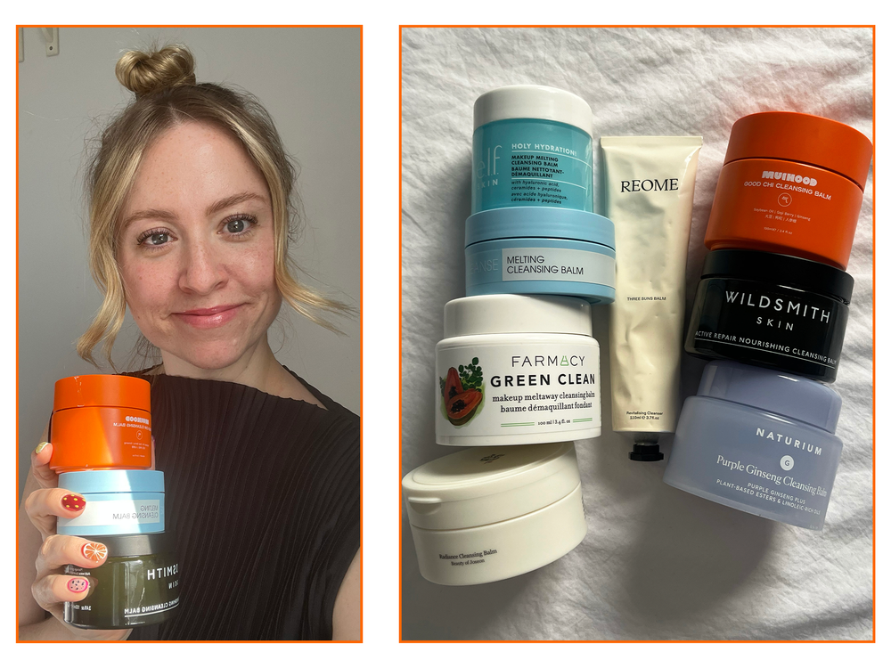 Our tester in action with the best tried and tested cleansing balms (The Independent/Louise Whitbread)