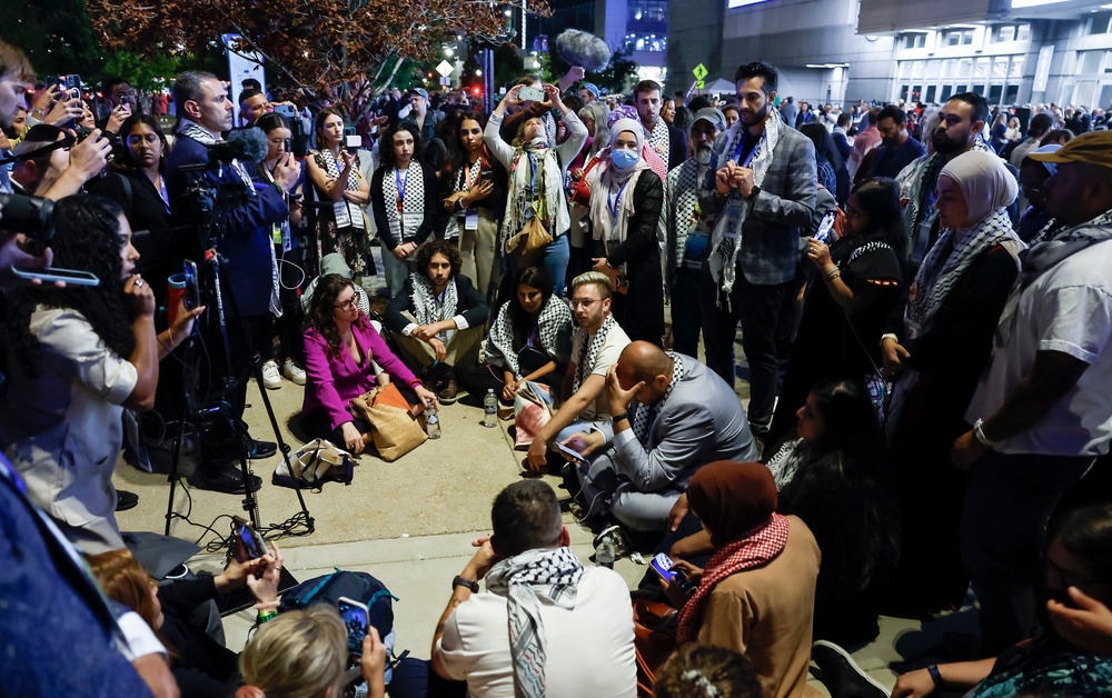 Supporters of the Uncommitted movement, pictured outside of the 2024 Democratic National Convention, tried to pressure the party to take a stance against Israel’s war in Gaza (EPA)