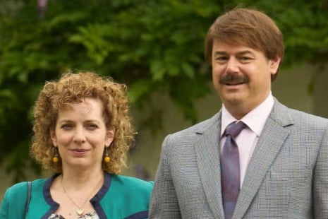 Dyer with Katherine Parkinson in ‘Rivals’ season one (Disney +)
