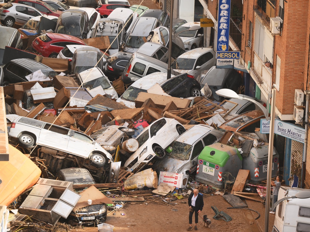 Cars piled high in a street, overshadowing a man and dog (Getty Images)