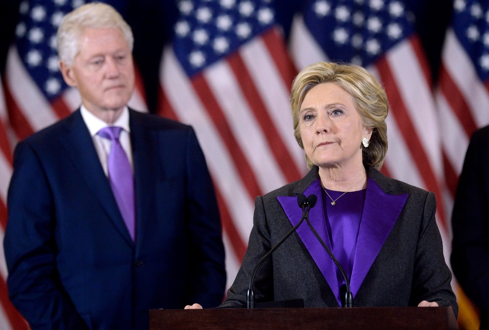 Hillary Clinton, pictured in 2016 giving her concession speech after the election (EPA)