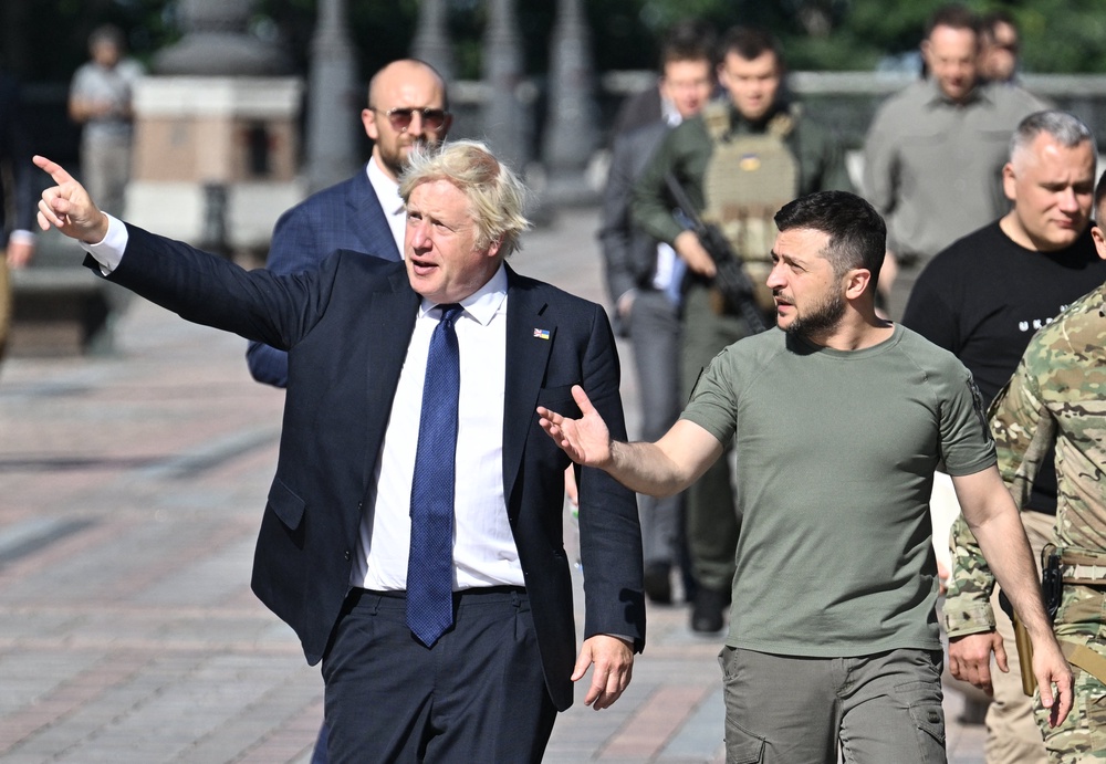 He accompanied Boris Johnson to meet Volodymyr Zelensky, right, in Kyiv in September 2023 (AFP/Getty)