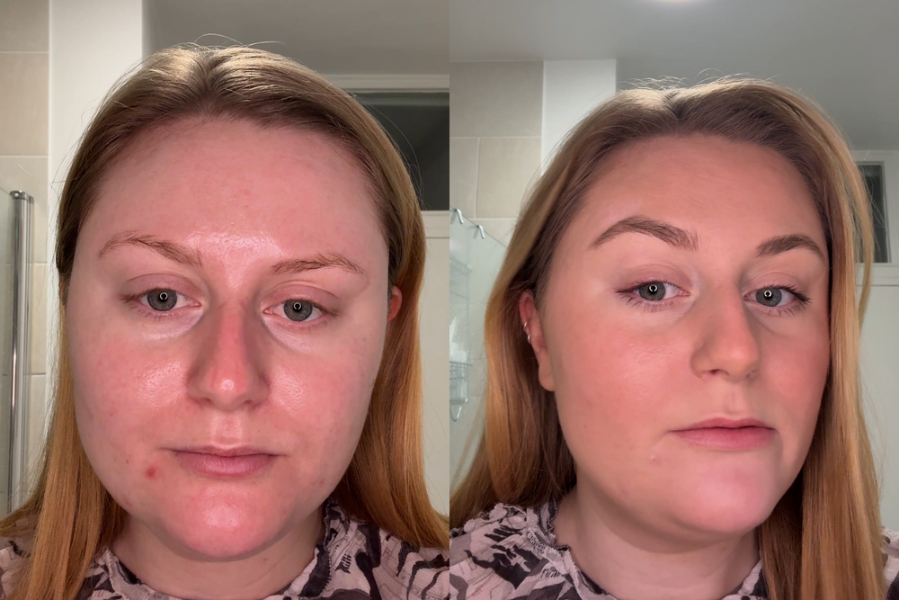 Before and after applying the Tirtir cushion foundation (Lucy Smith)
