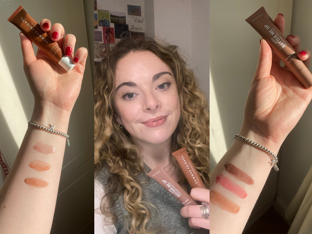 Swatches of the tried and tested lip glosses. In the centre photo, Ella wears brown sugar by Summer Fridays (Ella Duggan)