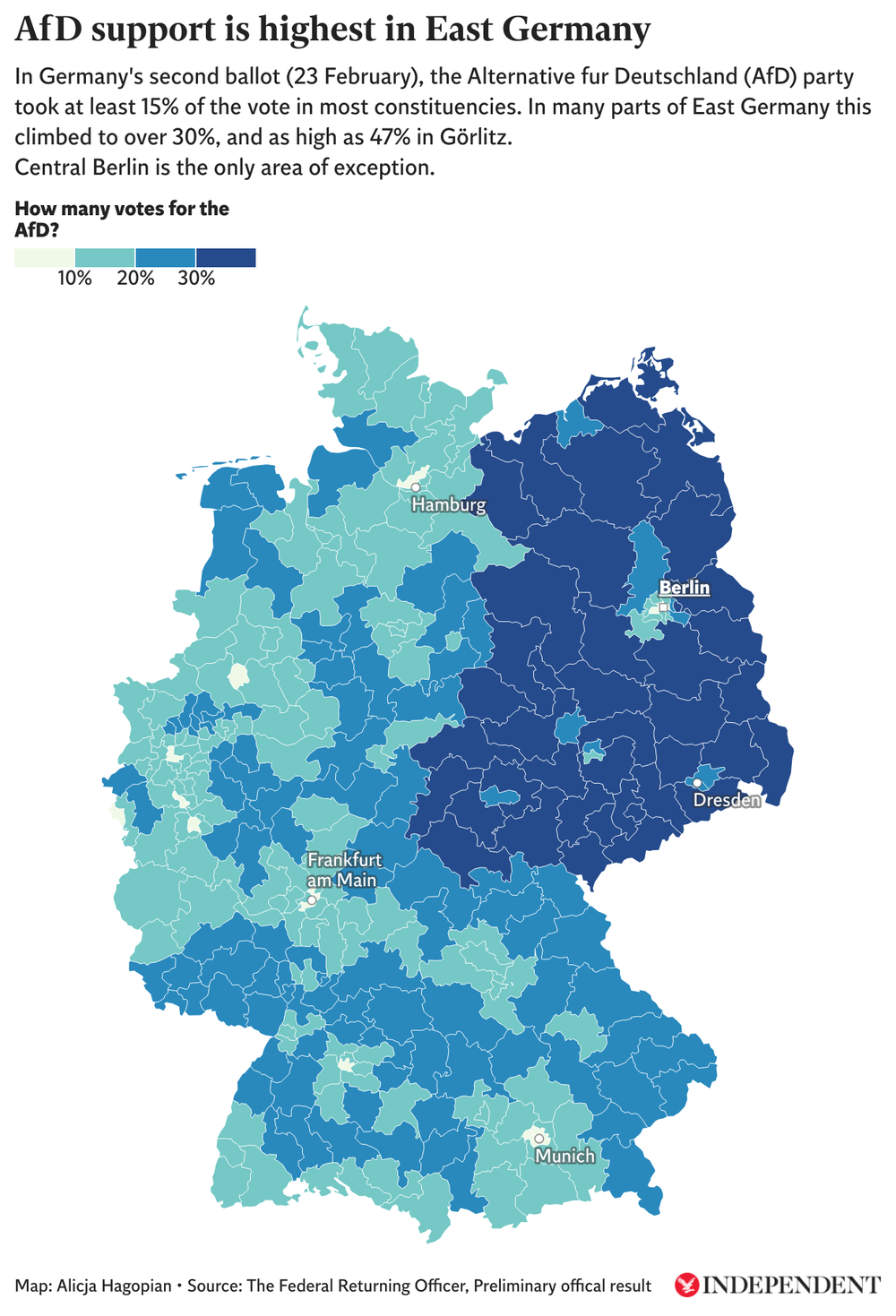 AfD support is highest in eastern Germany – except in Berlin (Alicja Hagopian/German federal returning officer)
