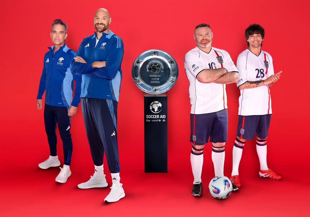England’s Robbie Williams, Tyson Fury, Wayne Rooney and Louis Tomlinson. (Soccer Aid)