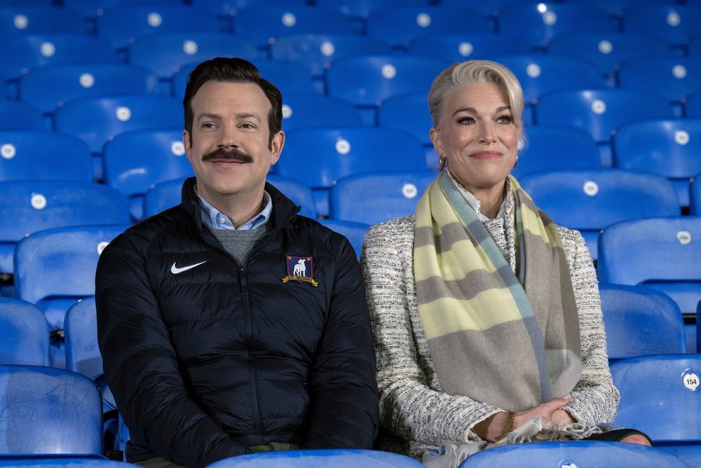 Jason Sudeikis and Hannah Waddingham star as a soccer coach and team owner in ‘Ted Lasso’ (Apple TV+)