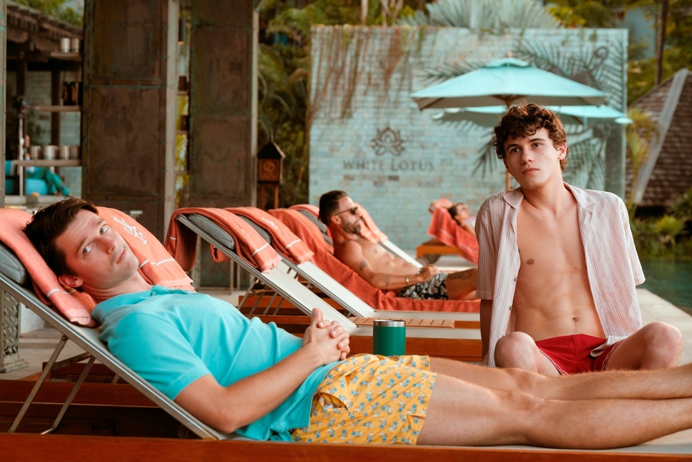 Sam Nivola, right, wearing Orlebar Brown in ‘The White Lotus’ (HBO)