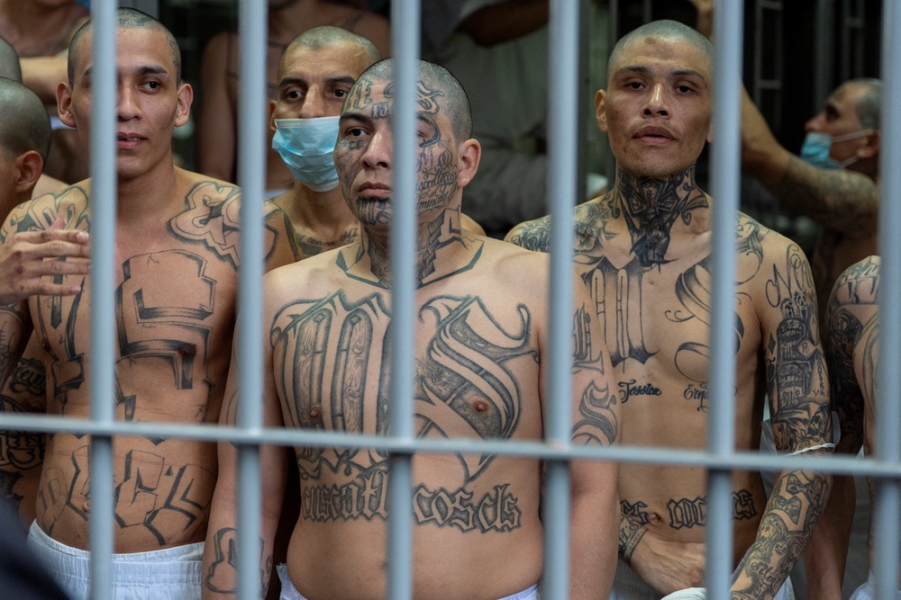 Prisoners with MS-13 gang tattoos look out of their cell as former Homeland Security Secretary Kristi Noem tours the Terrorist Confinement Center in Tecoluca, El Salvador (via REUTERS)
