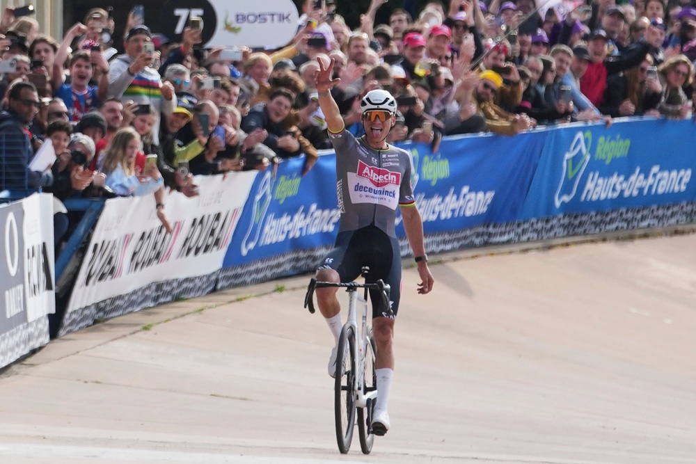 Van der Poel dropped Pogacar in Roubaix last year and enjoyed a solo win in the famous velodrome (AP)