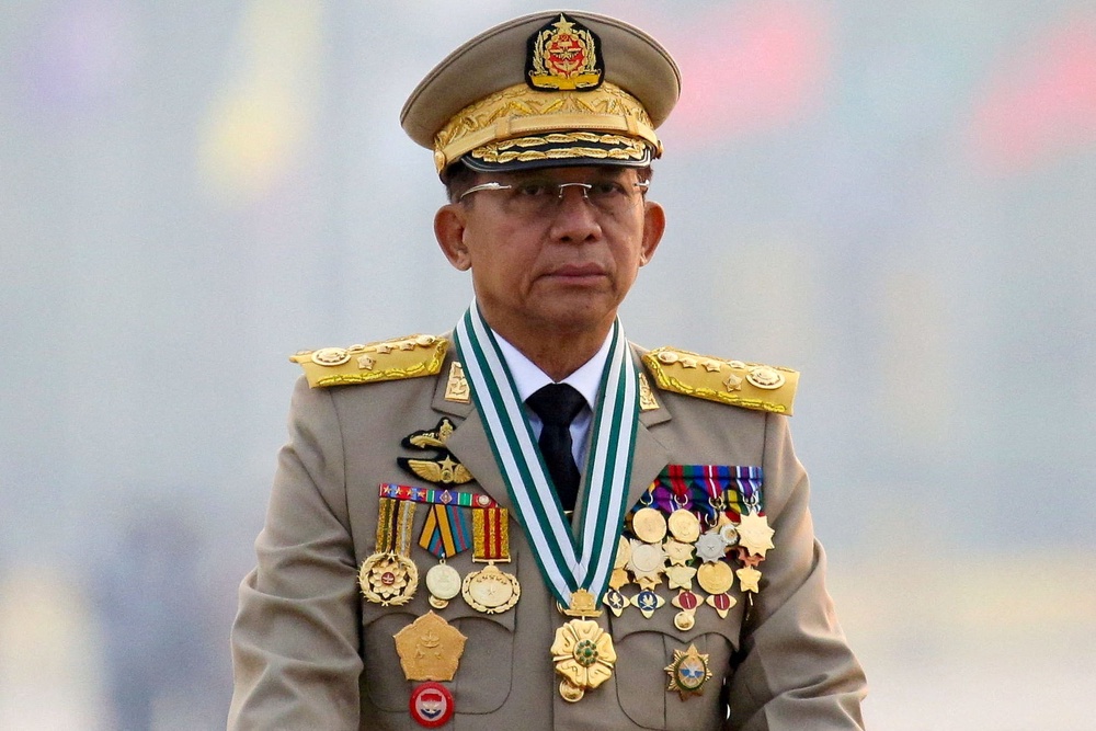Hlaing presiding at an army parade in Naypyidaw, the Myanmar capital, in 2021 (Reuters)