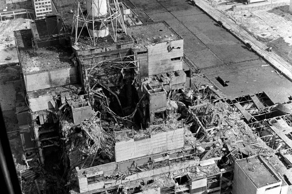 File: A picture taken from a helicopter in April 1986 shows a general view of the destroyed 4th power block of Chernobyl’s nuclear power plant a few days after the catastrophe (AFP/Getty)