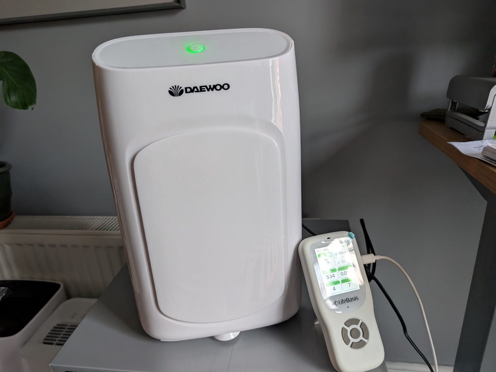 Measuring air quality on the Daewoo lightweight portable electric 2l dehumidifier (Joanne Lewsley/The Independent)