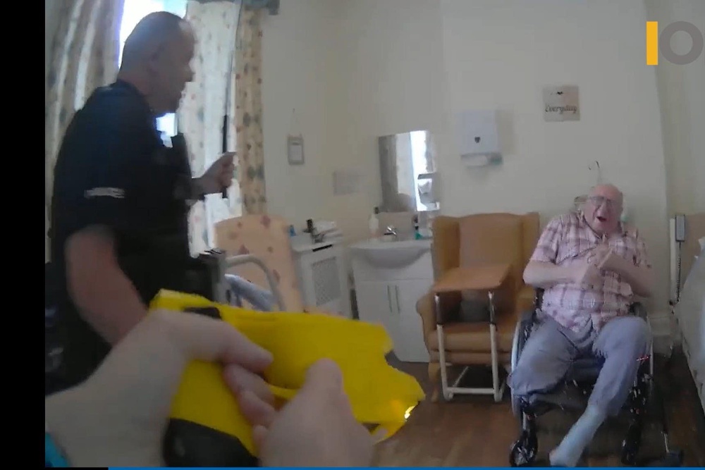 Handout screengrab from body worn video issued by Independent Office for Police Conduct (IOPC) of the incident when Donald Burgess was sprayed in the face with synthetic pepper spray before being shot by a Taser and hit with a baton, by police officers responding to a call at his care home (PA Media)
