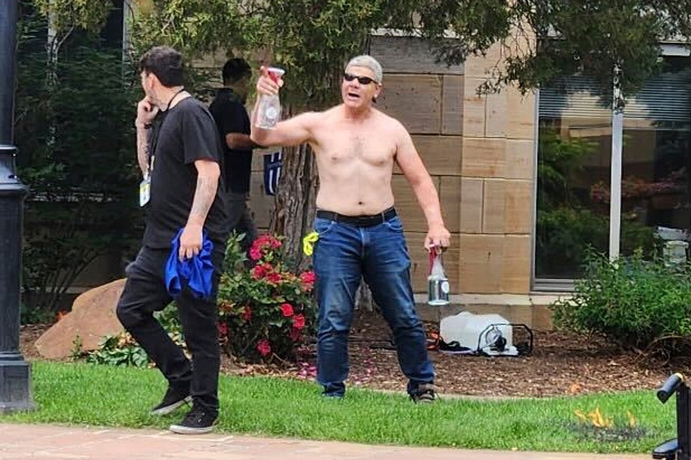 Mohamed Sabry Soliman is seen launching a fiery attack on demonstrators at an outdoor mall, Sunday, June 1, 2025, in Boulder, Colo. (Lisa Turnquist)