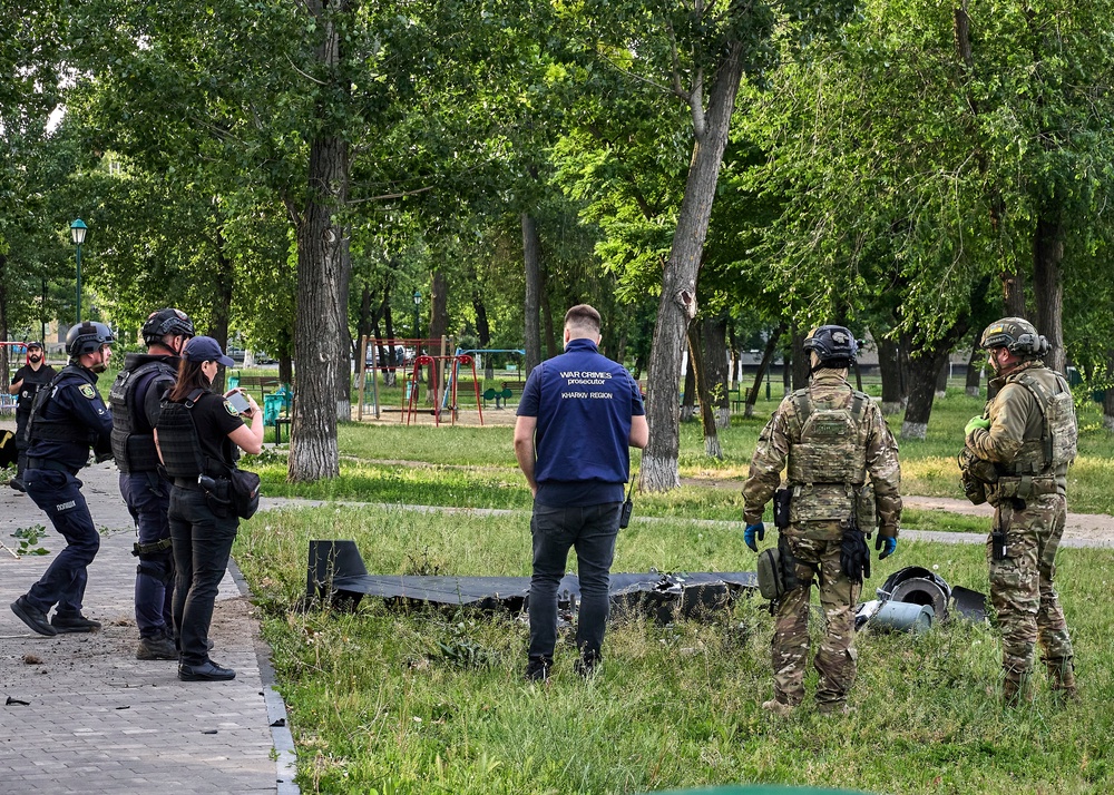 A massive chunk of debris of the drones Russian forces launched in an overnight attack seen in Kharkiv (EPA)