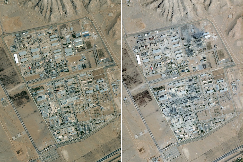 Nuclear Technology Center at Isfahan, Iran on 16 June, after being hit by Israel and 23 June 2025 after a US strike (Planet Labs)