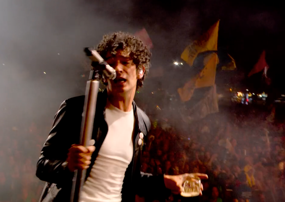 Matty Healy of The 1975 performs on the Pyramid Stage at Glastonbury 2025 (BBC)