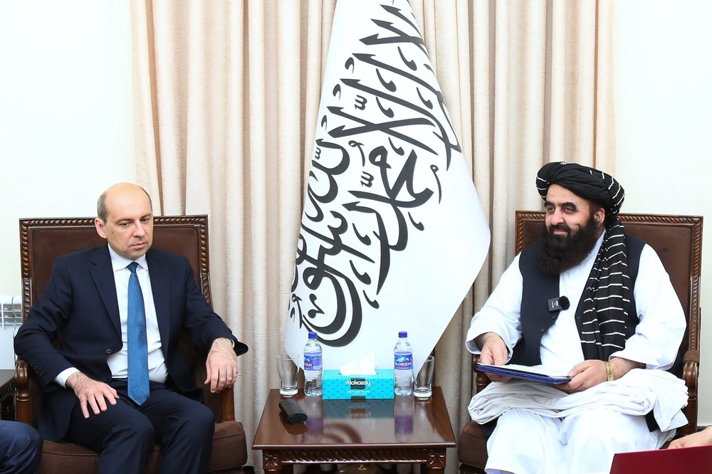 Russia's ambassador to Afghanistan Dmitry Zhirnov meets Afghan foreign minister Amir Khan Muttaqi in Kabul (Afghanistan's Ministry of Foreign Affairs)