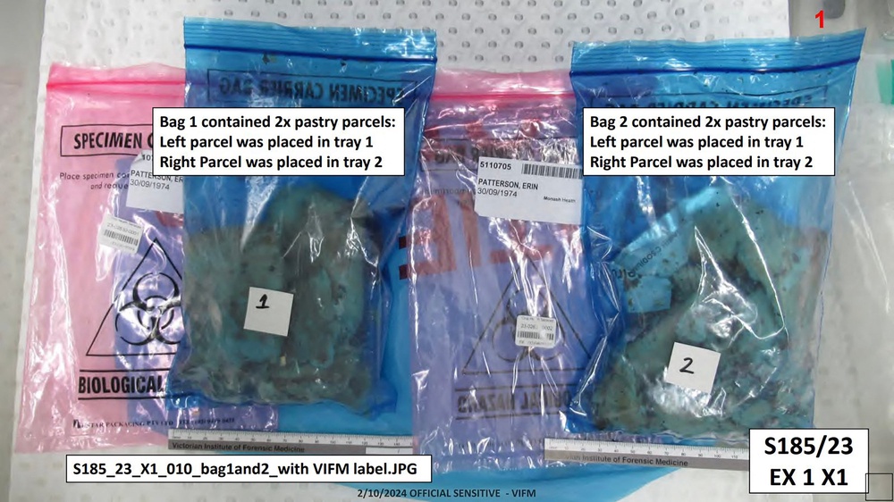Specimen carrier bags containing samples of a beef Wellington meal laced with toxic mushrooms that was prepared by Erin Patterson (Supreme Court of Victoria)