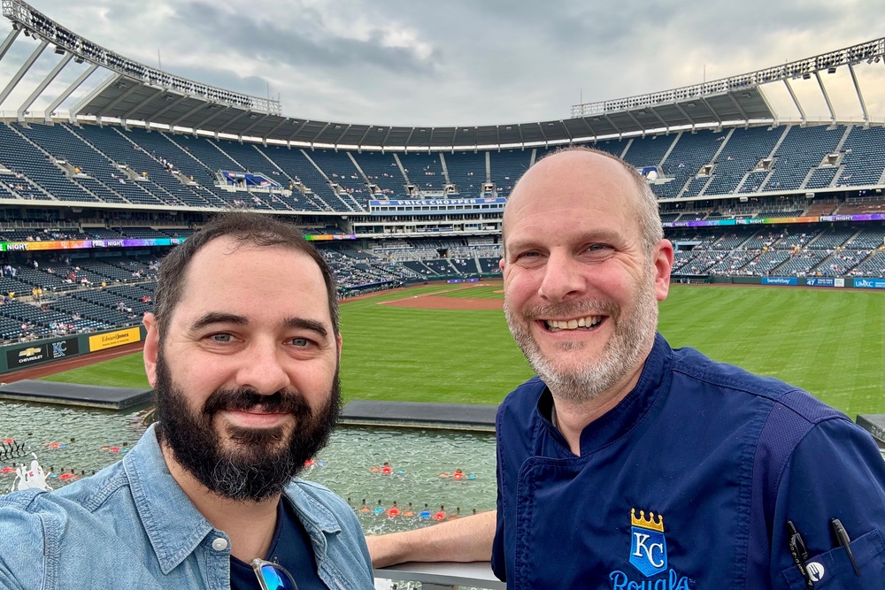 James visiting Kaufmann Stadium (home of the Kansas City Royals baseball team) with the stadium’s executive chef Philip Thompson (James March/The Independent)