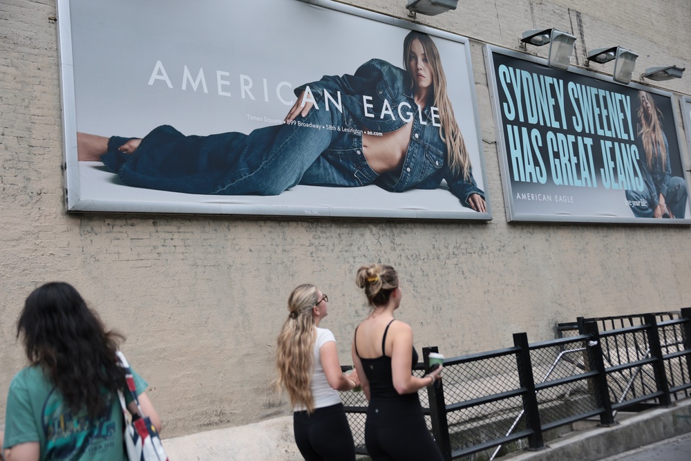 ‘Genes are passed down from parents to offspring, often determining traits like hair color, personality and even eye color. My jeans are blue,’ Sweeney said in an AE ad released in July (Getty Images)