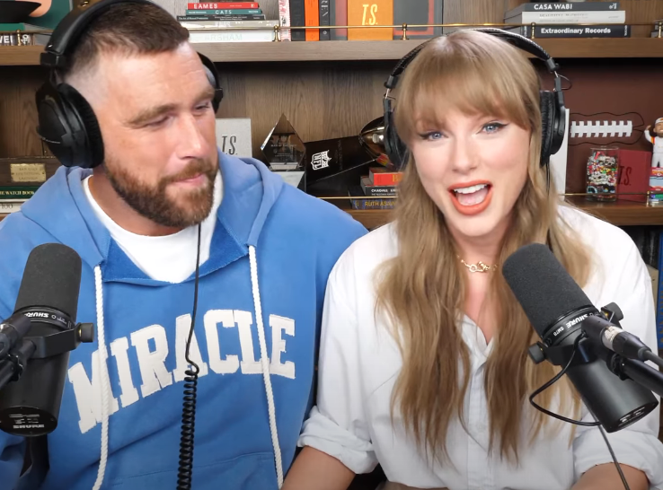 Taylor Swift and Travis Kelce on the ‘New Heights’ podcast (New Heights)