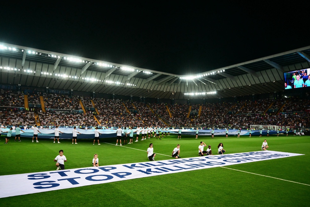 Uefa displayed banners before the Uefa Super Cup match between Tottenham and Paris Saint-Germain in August 2025 (AFP/Getty)