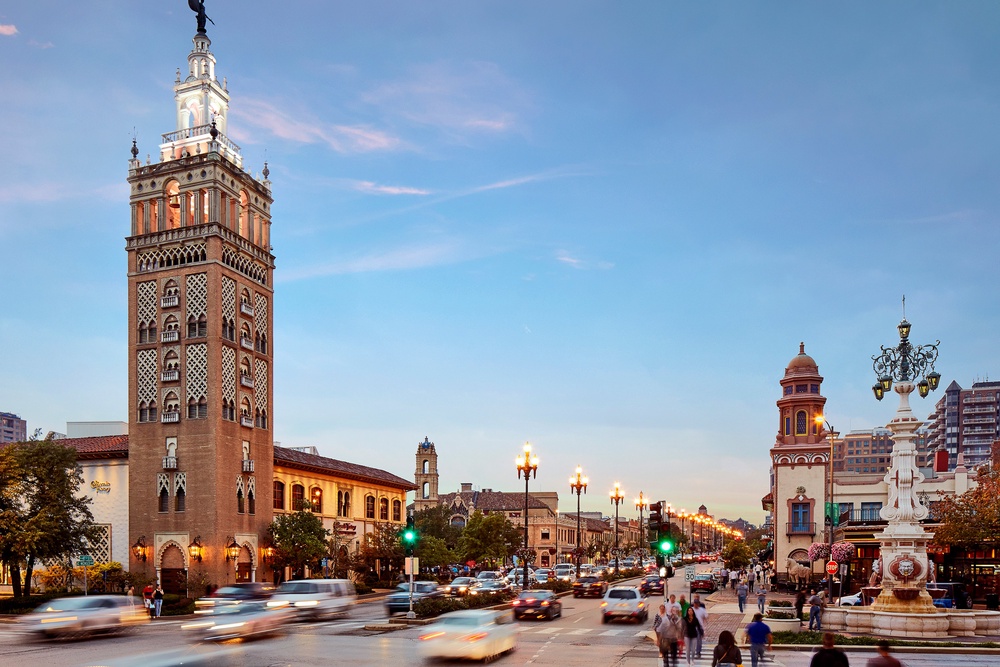 Jason Sudeikis was spotted at the Country Club Plaza, above, wearing a jacket sporting the branding for the Kansas City Current women's soccer team (Visit Missouri)