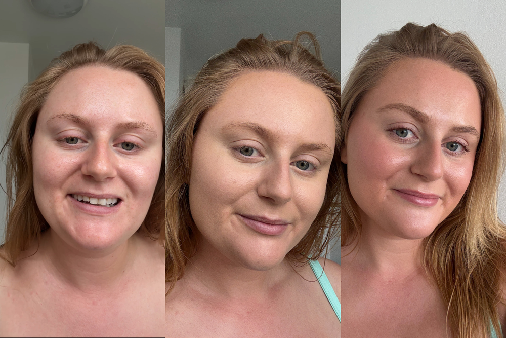My skin without make-up (left), with just the new airbrush flawless foundation (middle), and with the foundation along with make-up atop (right) (Lucy Smith/The Independent)