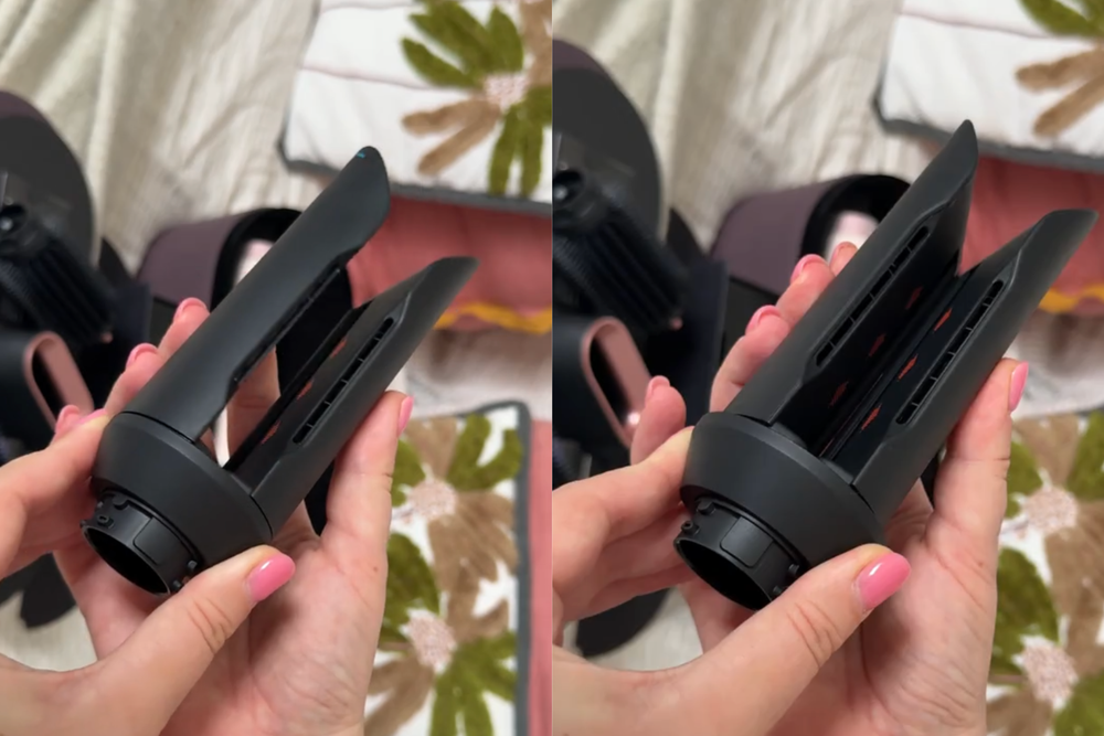 The airsmooth attachment (left) as it looks when you slide it into your hair, versus how it appears when it clamps shut (right) (Lucy Smith/The Independent)